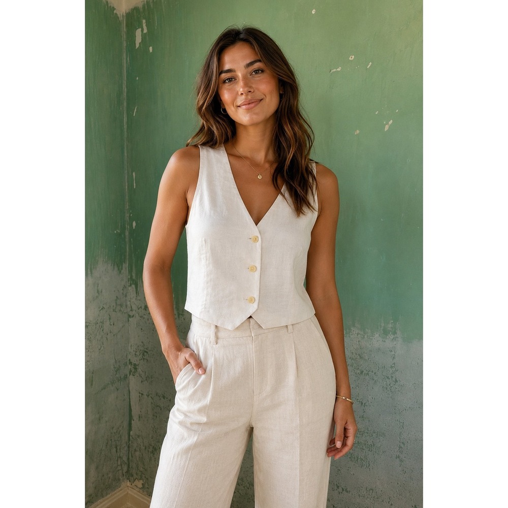 Madewell Linen White Button Front Cropped Vest Womens Size 6 Ivory